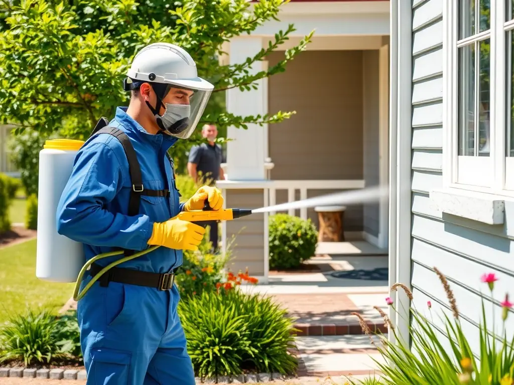 A pest control technician spraying a home perimeter to prevent pests from entering, ensuring a safe and healthy living environment.